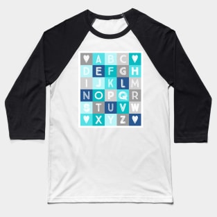 Blue Teal Grey Alphabet art decor pattern Baseball T-Shirt